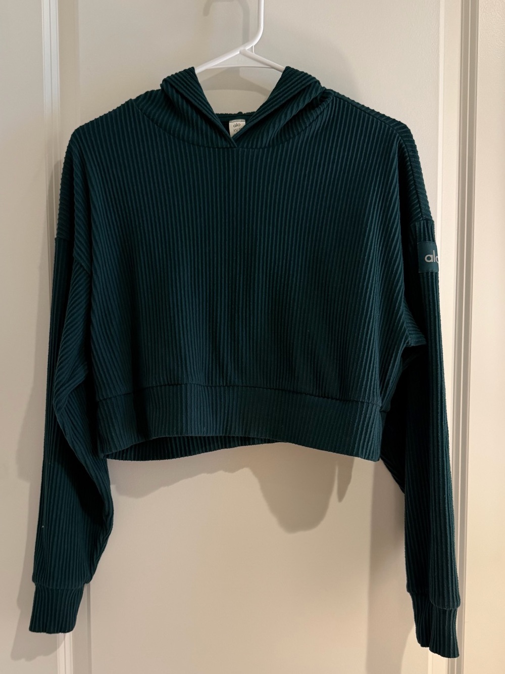 Alo Crop Ribbed Hoodie in Midnight Green